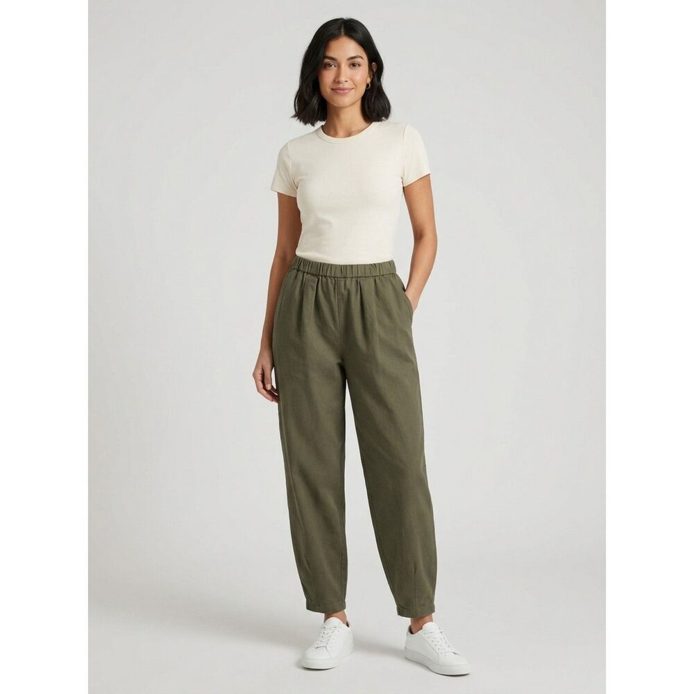 Studio CLIP Japanese Olive Green Rayon Hemp Blend Wide Leg Elastic Pants Sz L